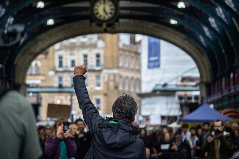 George Monbiot delivers an impassioned speech to protesters at the Smithfield meat market takeover. UK, 2019. Jo-Anne McArthur / We Animals Media